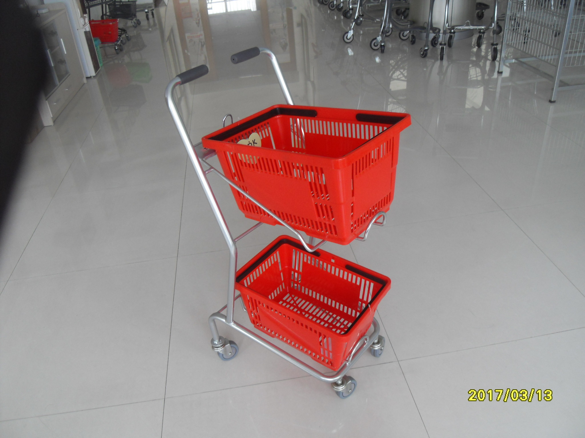 Supermarket Steel Wheeled Shopping Basket With 3 inch PVC / PU / TPR Wheel